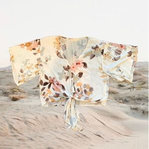 LoveStitch Floral Cream Flowy Boho Tie Front Top